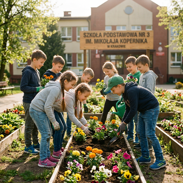Dzieci sadzące kwiaty